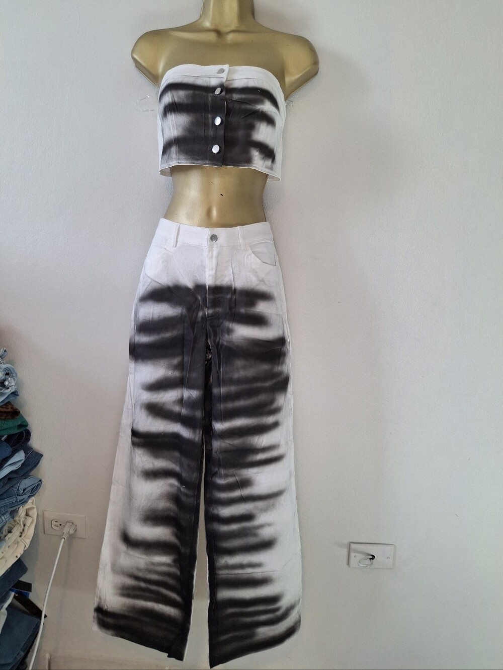 Tie-Dye Wide Leg Pants & Strapless Crop Top Set - Black/White